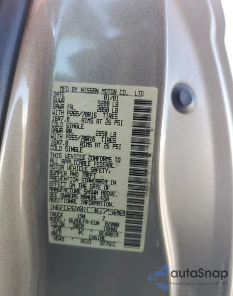 2001 Nissan Frontier King Cab Xe from USA, damaged, VIN 1N6ED26Y01C367500